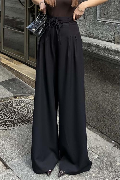 Kadin Siyah On Baglamali Yuksek Bel Bol Paca Kumas Pantolon HSZ017 