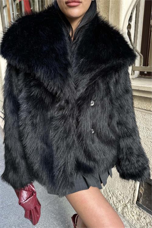 Kadın Şal Yaka Astarlı Kürk Ceket – Düğmeli Oversize Geniş Kalıp HSZ003 