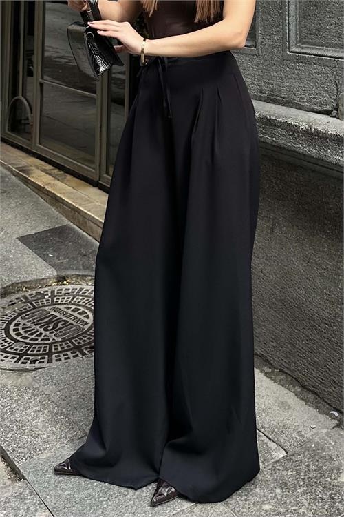 Kadin Siyah On Baglamali Yuksek Bel Bol Paca Kumas Pantolon HSZ017 