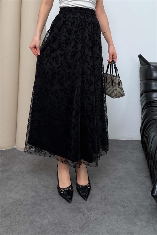 Kadın Siyah Tül Midi Etek Astarlı Beli Lastikli Şık Etek HSZ063 