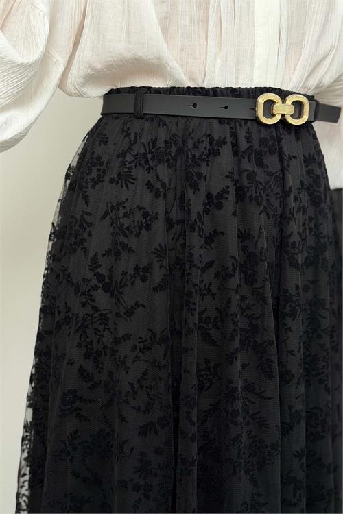 Kadın Siyah Kemer Aksesuarlı Tül Midi Etek Astarlı HSZ064 