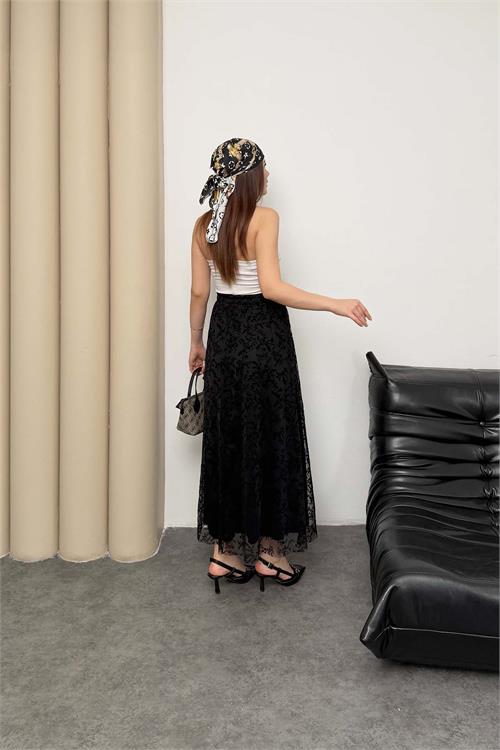 Kadın Siyah Tül Midi Etek Astarlı Beli Lastikli Şık Etek HSZ063 