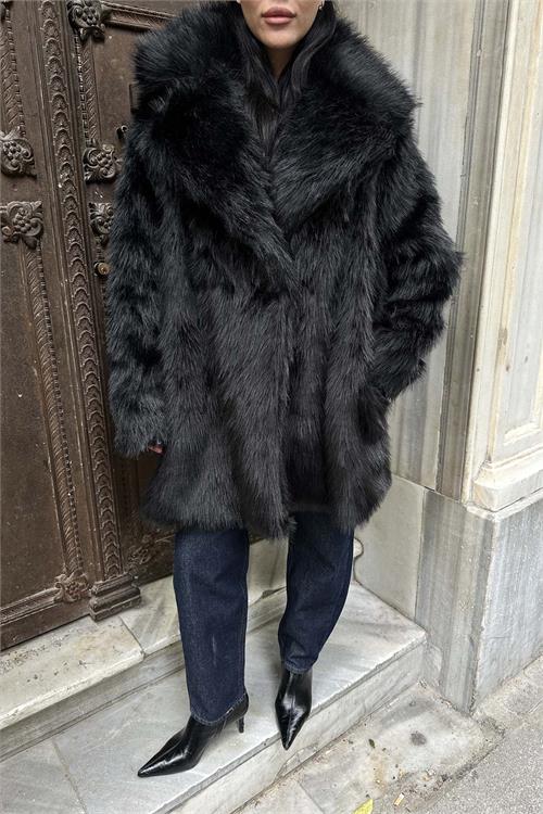 Kadın Siyah Astarlı Düğmeli Oversize Kürk Kaban HSZ002 