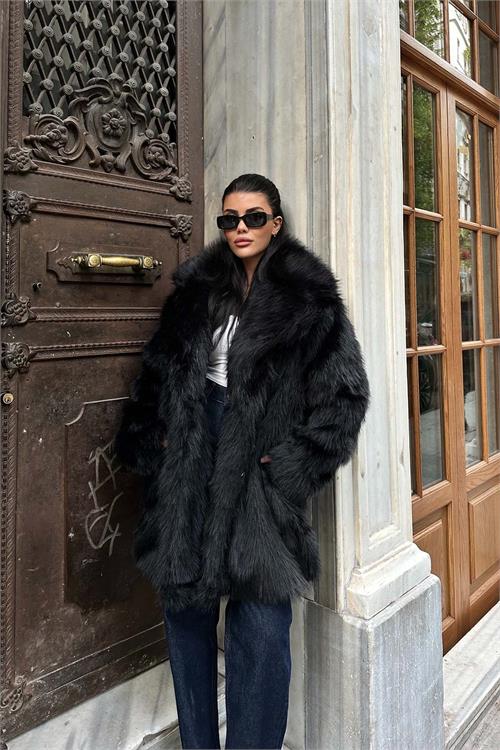 Kadın Siyah Astarlı Düğmeli Oversize Kürk Kaban HSZ002 