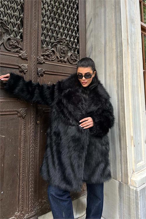 Kadın Siyah Astarlı Düğmeli Oversize Kürk Kaban HSZ002 