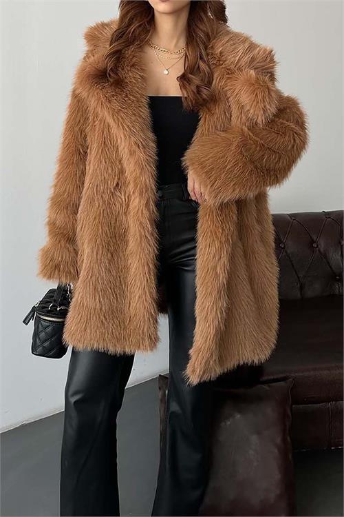 Kadın taba Astarlı Düğmeli Oversize Kürk Kaban HSZ002 