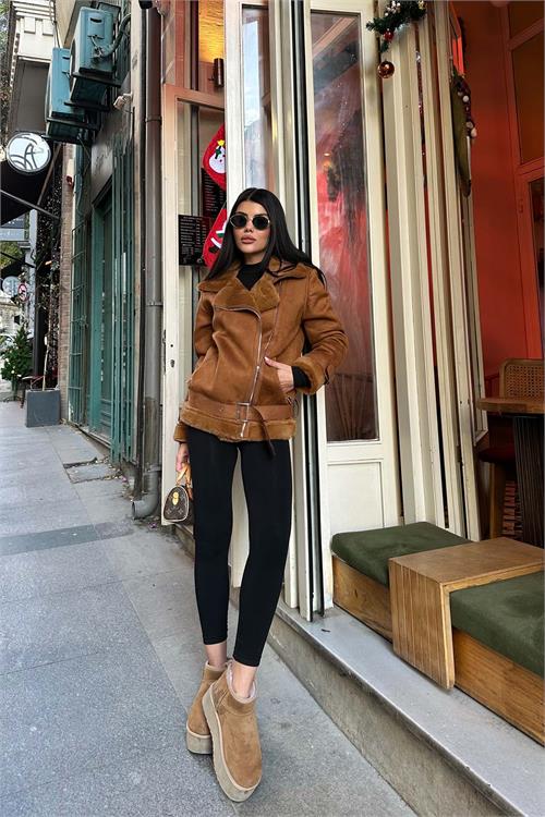 Kadın Taba Kemerli Fermuarlı Kürk Detaylı Süet Mont HSZ007 