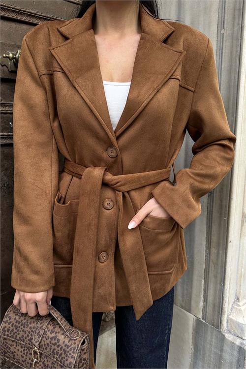 Kadın Taba Kuşaklı Süet Görünümlü Ceket HSZ005 