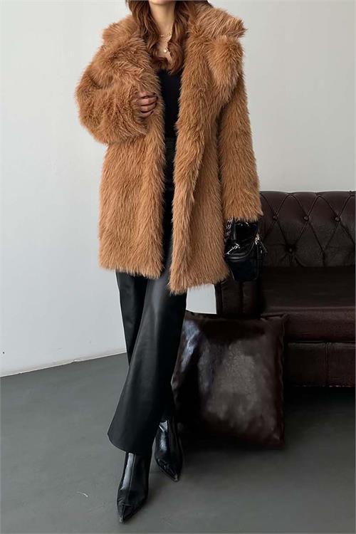 Kadın taba Astarlı Düğmeli Oversize Kürk Kaban HSZ002 