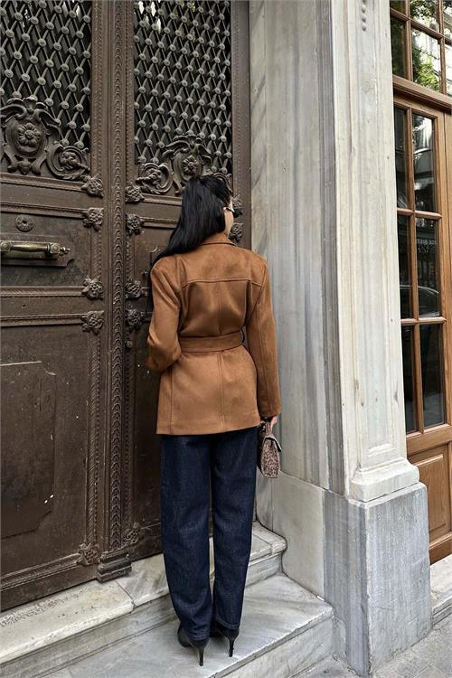 Kadın Taba Kuşaklı Süet Görünümlü Ceket HSZ005 